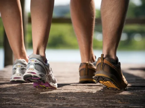 A couple walking outdoors